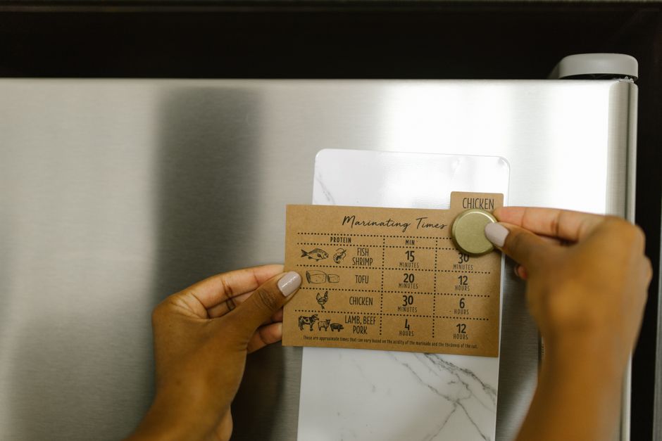 A whiteboard on a fridge showing a weekly meal plan with one main ingredient highlighted, surrounded by various meal ideas.