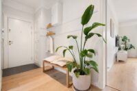 A clean, minimalist city apartment living room with light walls and a simple sofa, showcasing a calm and decluttered space.