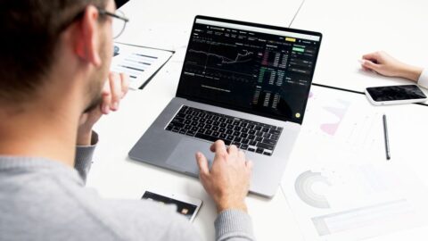 A person intently looking at charts and data on a computer screen, representing business analysis before software purchase.